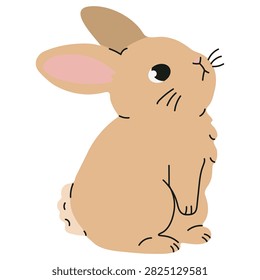 Cute brown bunny sitting and looking up isolated on white background. Playful cartoon rabbit character with pink ears, fluffy tail, and whiskers. Vector clipart for Easter cards and nursery decoration.
