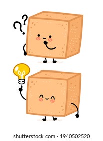 Cute brown cane sugar piece cube character with question mark and idea lightbulb. Vector flat line cartoon kawaii character illustration. Isolated on white background. Sugar cube character  concept