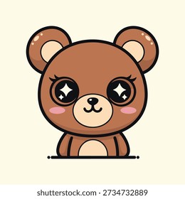 Cute brown cartoon bear with starry eyes and blush sitting
