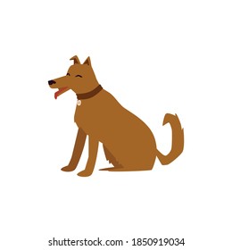 Cute brown cartoon dog sitting with happy face - friendly pet animal with collar sitting on the floor isolated on white background. Flat vector illustration.