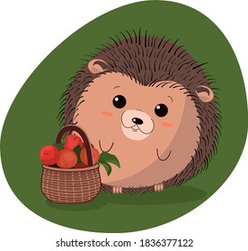 Corto hedgehog marrón con mejillas sosteniendo una canasta de manzanas rojas sobre fondo verde