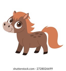 Cute Brown Cartoon Pony Vector Illustration. Smiling Baby Horse Character with Orange Mane for Kids Design, Children Storybook, Game Asset, Sticker and Nursery Decor. Isolated on White Background.