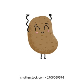 Cute brown cartoon potato character laughing and waving hands on a white background. Food and vegetable concept. Happy smiling funny potato. Vector flat cartoon character illustration