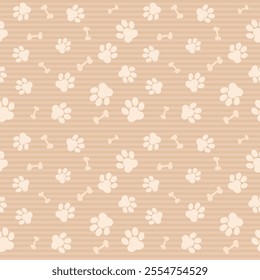 Cute Brown Cat Or Dog Paw And Bone Pattern Background With Stripes. Wallpaper. Vector Illustration. Animal. Backdrop