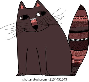 Cute brown cat in ethno style. The vector file is useful for designs.