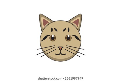 A cute brown cat face with expressive eyes, black stripes, whiskers, and a simple design on a white background. Minimalist cartoon style illustration.