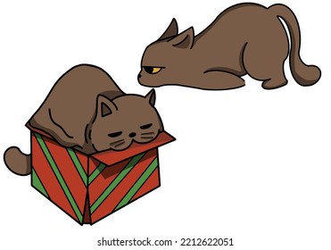 cute brown cat in gift box christmas illustration