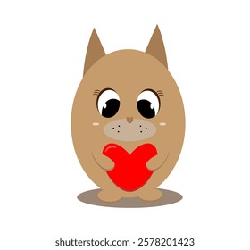 cute brown cat with a heart on a white background,