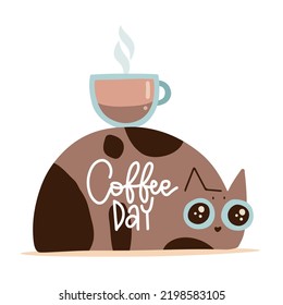 Cute brown cat is holding a large cup of coffee on his back. Isolated concept with lettering inscription - Coffee day. Flat hand drawn vector illustration for poster, card