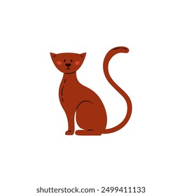 Cute brown cat with long tail icon. Domestic animal portrait. Fluffy lovely kitten. Adorable feline pet sitting. Vector flat illustration in cartoon style isolated on white background