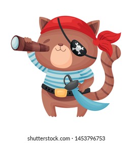 Cute brown cat pirate. Vector illustration on white background.