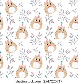 Cute brown cat seamless pattern vector illustration. Kitten in flat style design. Party hat and red berry botanical design.