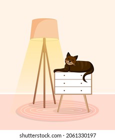 Un gato marrón lindo se sienta en el pecho bajo una lámpara. Interior de salón con animales. Imagen vectorial de una habitación sin gente.