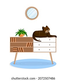 Cute brown cat sits on a bookcase. Interior with an animal. Vector illustration.