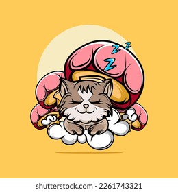 cute brown cat sleep cloud mushroom background vector