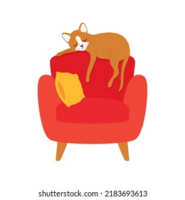 Cute brown cat sleeping on a red armchair icon vector. Adorable red domestic cat relaxing in a sofa icon isolated on a white background