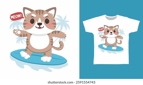 Cute brown cat surfing hand drawn, ready for print on t shirt and other uses.