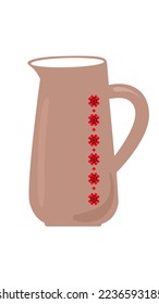 Cute brown ceramic milk jug design element flat cartoon illustration. Ukrainian ornament. Colored tableware hand-drawn vector design. Kitchen trendy crockery for hot drink isolated on white background