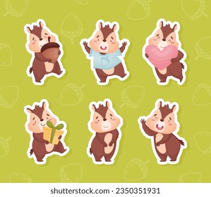 Cute Brown Chipmunk Character in Different Pose Vector Sticker Set