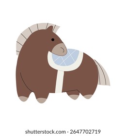 A cute brown chubby horse with a blue quilted saddle. Fun domestic animal.
