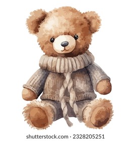 Cute brown classic teddy bear soft toy in watercolor illustration