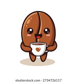 Cute brown coffee bean character holding a white coffee cup with heart.eps
