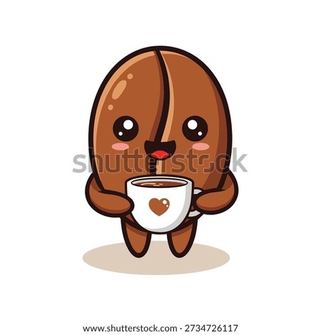 Cute brown coffee bean character holding a white coffee cup with heart.eps
