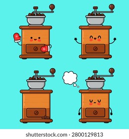 Cute brown coffee grinder cartoon character set showing different happy and sad emotions, some wearing red Christmas mittens, with coffee beans, isolated on a light blue background