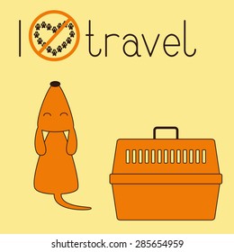 Cute brown contoured foxy colored howling dog sitting back with its head up and eyes closed, orange plastic pet carrier with brown handle and lettering I dislike travel isolated on ginger background
