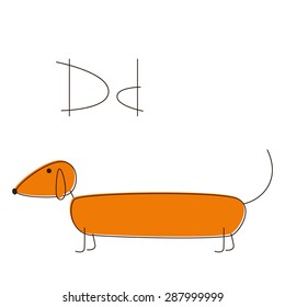 Cute brown contoured foxy colored dachshund with brown nose and long tail with capital and lowercase letters d over dog isolated on white background. Logo template, design element
