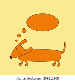 Cute brown contoured foxy colored dachshund with closed eyes, brown nose and curled tail and dream bubble over it isolated on ginger background. Logo template, design element