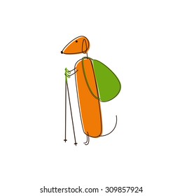 Cute brown contoured foxy colored dachshund with green backpack and Scandinavian walk stickers isolated on white background. Traveling concept, design element
