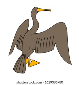 cute brown cormorant with yellow paws dries wings, decorative element of logo, or emblem, color vector illustration with black contour lines isolated on white background in cartoon & hand drawn style