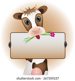 Cute brown cow with brown board 