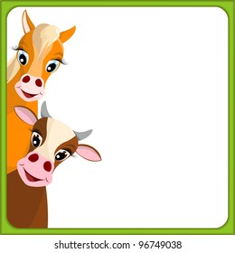 cute brown cow and horse in empty frame with green border - illustration