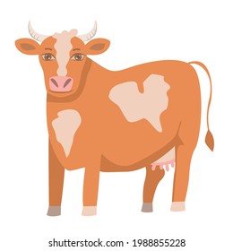 Cute brown cow isolated on white transparent background. Vector flat design children's illustration. Side view. Farm domestic animal drawing.