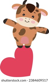 Cute brown cow on top of heart

