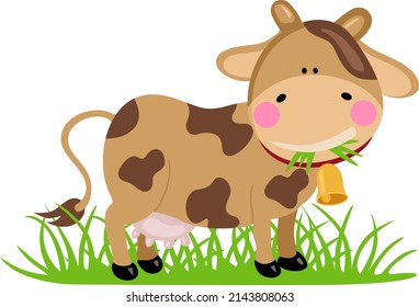 Cute brown cow in the pasture eating grass

