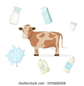 Cute brown cow with spots. Milk in different packages. Bottles, cans, glass and glass jug