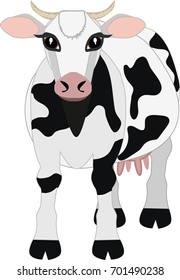 cute brown cow standing, black and white spots, vector illustration