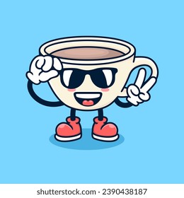 cute brown cup cartoon wearing glasses and greeting peace