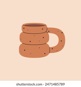 Cute brown cup decorated with speckled pattern. Design of pottery mug with curved round form, interesting shape. Stylish ceramic teacup for tea, coffee, hot drinks. Flat isolated vector illustration