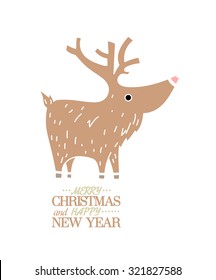 Cute  brown deer. New Year, Christmas  Holiday greeting card, banner design template. Vector illustration.