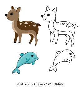 Cute brown deer in spots.Cute white deer in spots. Cute blue dolphin.Cute white dolphin. Wild animal. Vector illustration isolated on white background.