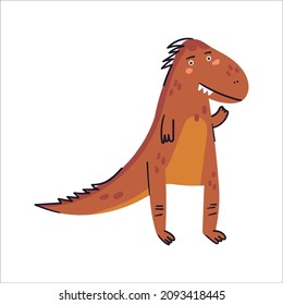 Cute brown dinosaur flat vector illustration. Funny dino hand drawn character. Adorable t rex isolated on white background. Childish t shirt print design