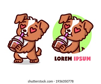 CUTE BROWN DOG DRINKS A CUP OF BOBA CARTOON LOGO