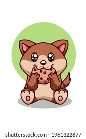 Cute brown dog eating cookies biscuit