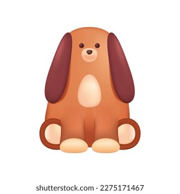 Cute brown dog with long ears toy for kids 3D illustration. Cartoon drawing of adorable puppy or pet in 3D style on white background. Nature, domestic animals, childhood concept