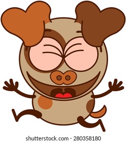 Cute brown dog in minimalistic style with big hanging ears and pointy tail while clenching its bulging eyes, laughing and jumping as for celebrating something in an animated way