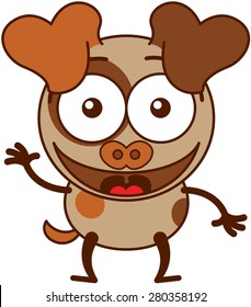 Cute brown dog in minimalistic style with big hanging ears, bulging eyes and pointy tail while waving, greeting and welcoming animatedly